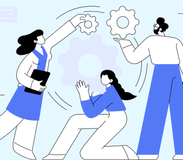 Illustration of three individuals collaborating to assemble gears, symbolizing teamwork and problem-solving in a business setting.