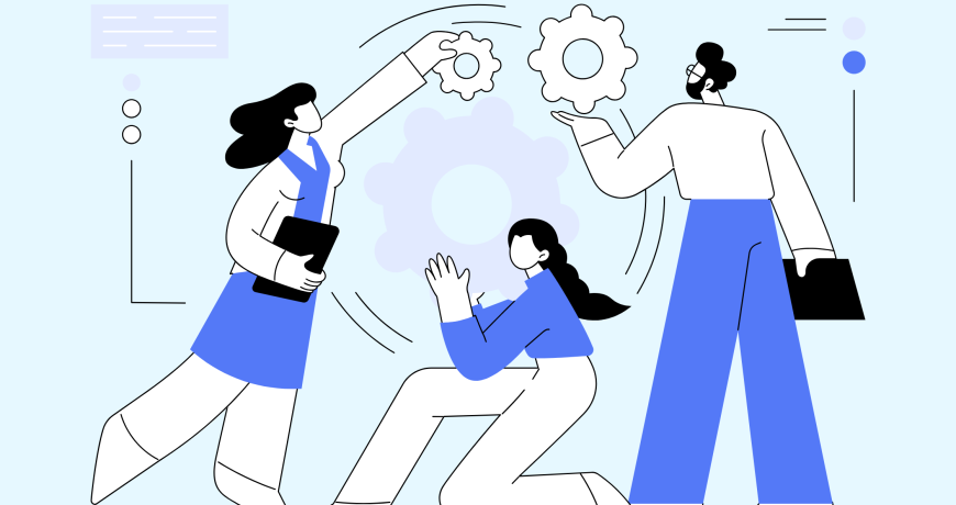 Illustration of three individuals collaborating to assemble gears, symbolizing teamwork and problem-solving in a business setting.