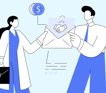 Illustration of two professionals exchanging an envelope with a handshake icon, symbolizing business agreement, partnership, and financial transactions.