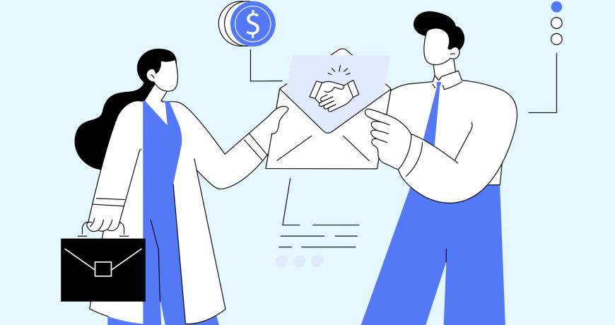 Illustration of two professionals exchanging an envelope with a handshake icon, symbolizing business agreement, partnership, and financial transactions.