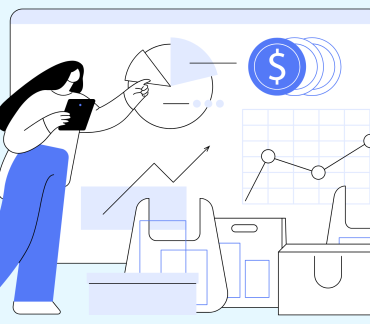 Illustration of a person holding a tablet and pointing at various charts and graphs, including a pie chart, line graph, and dollar icons, with shopping bags and boxes in the foreground, representing data analysis and e-commerce.