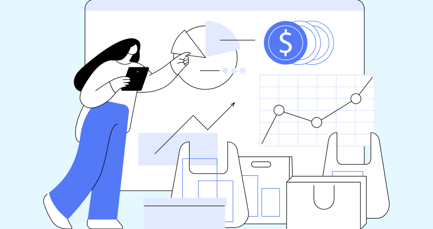 Illustration of a person holding a tablet and pointing at various charts and graphs, including a pie chart, line graph, and dollar icons, with shopping bags and boxes in the foreground, representing data analysis and e-commerce.