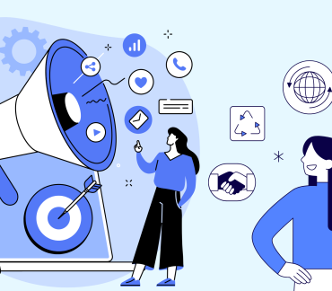 Illustration of two individuals standing in front of a large megaphone with various marketing and business icons floating around, representing elements such as scheduling, target audience, engagement, analytics, and communication in digital marketing.