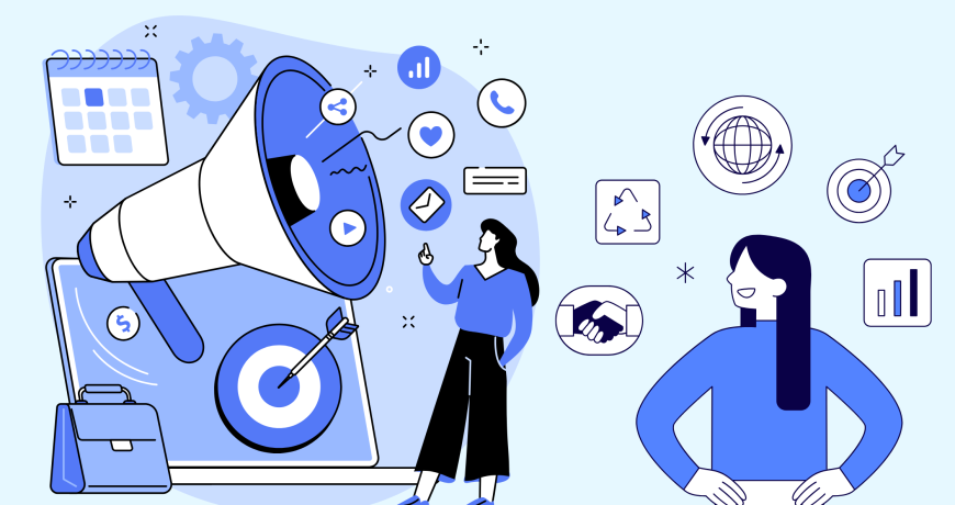 Illustration of two individuals standing in front of a large megaphone with various marketing and business icons floating around, representing elements such as scheduling, target audience, engagement, analytics, and communication in digital marketing.