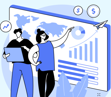 Illustration of two individuals analyzing data on a large screen displaying a world map, graphs, and financial icons.