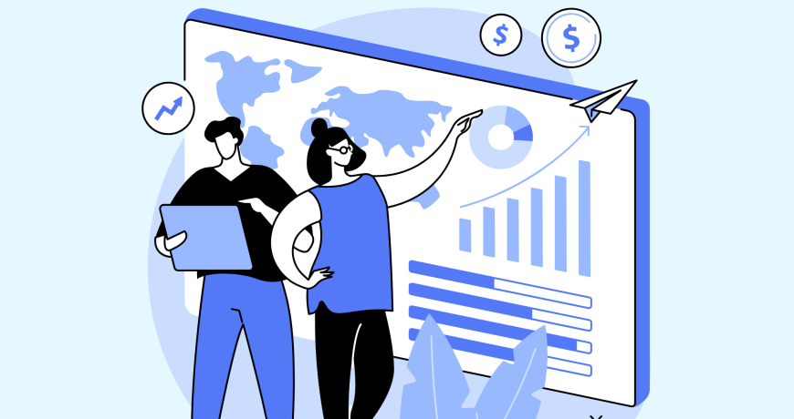 Illustration of two individuals analyzing data on a large screen displaying a world map, graphs, and financial icons.