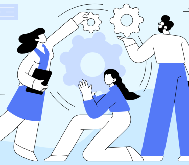 An abstract illustration of three professionals collaborating to assemble gears, symbolising teamwork and process optimisation.