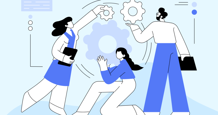 An abstract illustration of three professionals collaborating to assemble gears, symbolising teamwork and process optimisation.
